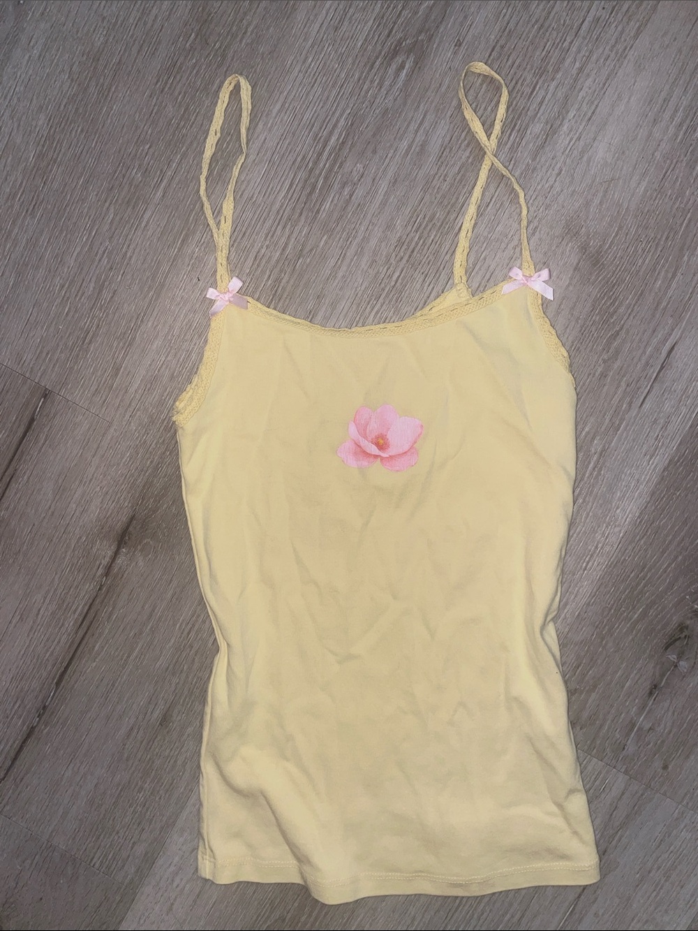PS/LA PacSun Yellow Floral Tank Top | Pink Bow Lace Straps | Women’s Small